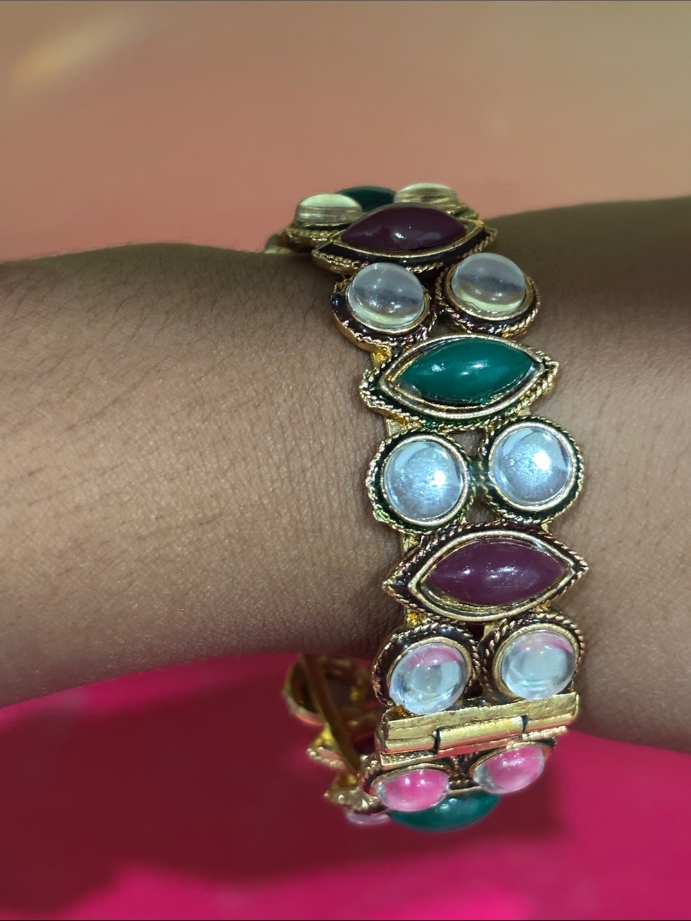 Gold-Tone Multicolor Stone Stretch Bracelet - Pink, Green, White